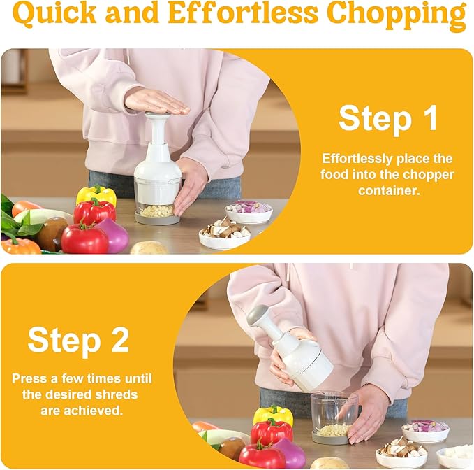 Food Chopper, Vegetable Chopper with Container, Onion Chopper Vegetable Cutter, Manual Veggie Chop Handheld Food Chopper for Garlic, Nut, Stainless Steel Blades, Dishwasher Safe, Easy to Clean, White