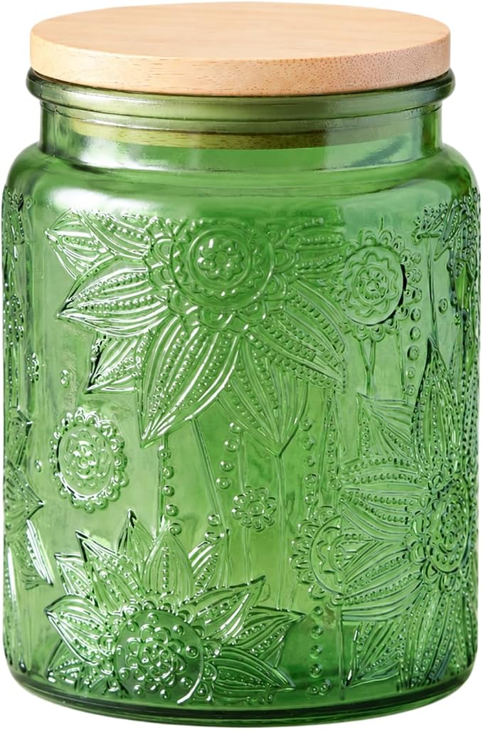 ANSQU Green Glass Canister, Candy Jar with Lid, 23.7 FL OZ Vintage Colored Mason Jars for Kitchen Decorative Jar for Coffee Tea Candy Cookies, Cute Jars (Green, 1 Pack)
