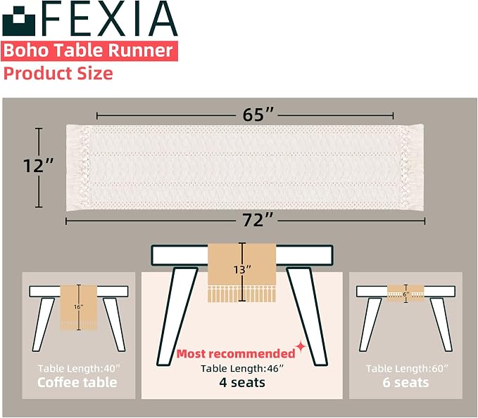 FEXIA Summer Table Runner with Tassels Boho 72 Inches Long Cream Burlap Table Runner for Home Farmhouse Decor Rustic Bohemian Dining Bedroom Decoration Baby Bridal Shower(12x72 Inches)