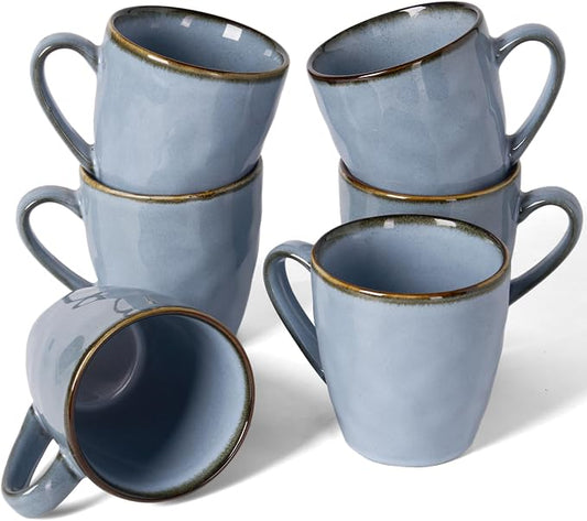 famiware Coffee Mugs Set of 6,Ocean Round 11.5oz Coffee Cup Set with Handle for Cocoa, Milk, Hot Chocolate, Tea or Water, Stoneware Cups for Kitchen, Reactive Glaze, Microwave Dishwasher Safe, Blue