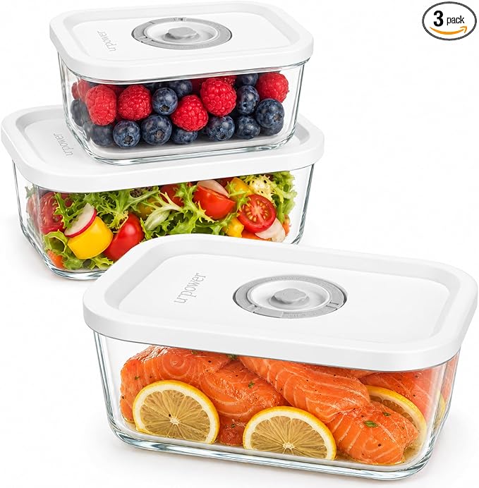 URPOWER Glass Vacuum Seal Containers for Food Storage, 3PCS Set(S,M,L) with Lids, Airtight Food Storage Containers, Stackable Vacuum Containers for Leftovers, Meal Prep, Fridge, Freezer & Pantry