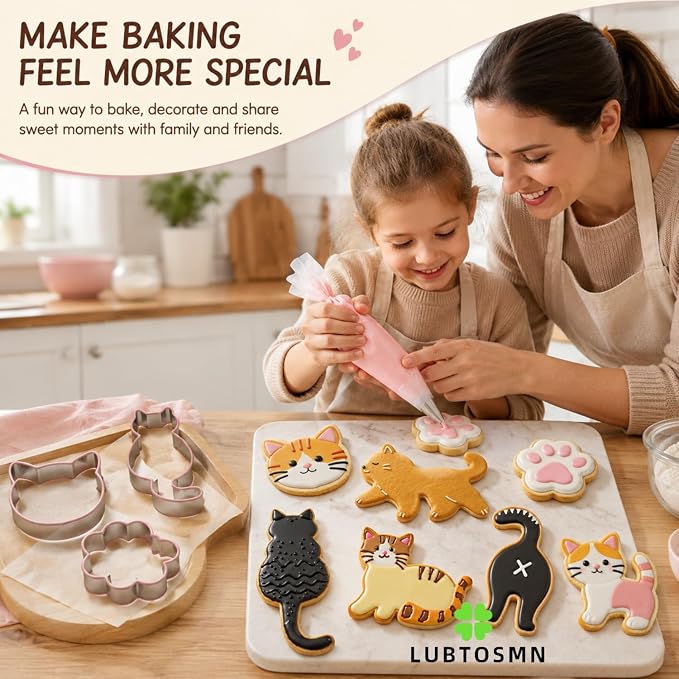 LUBTOSMN 8 Piece Cat Cookie Cutters Set, Silicone Rim Baking Set | Dishwasher-safe stainless steel cutters for cookies, fondant, sandwiches, cat parties and home baking treats.