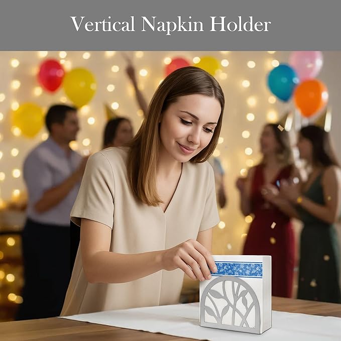 Napkin Holder for Table | Upright Napkin Stand with Decorative Leaf & Branch Design, Modern Metal Napkin Holder for Kitchen, Dining, Café, Office | Rust-Resistant Silver Finish