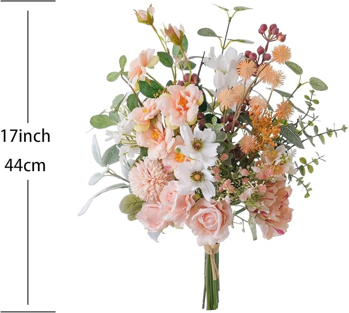 17-inch Artificial Fake Faux Flowers Silk Flower Arrangements Bouquets with Red Berries, Cosmos, Snow Cherry, Chinese Rose, Dandelions, Baby's Breaths, Eucalyptus, Peony, Roses