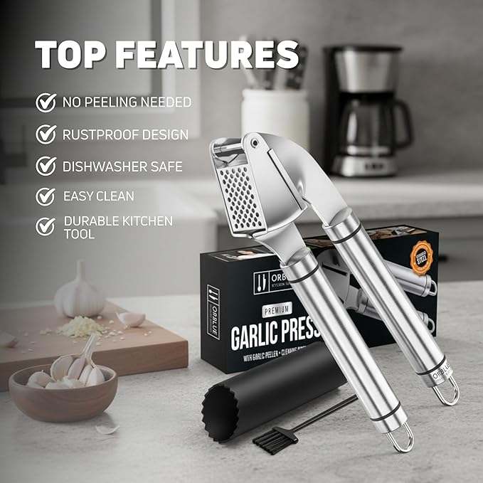 KUYRA Garlic Press Stainless Steel Set Premium Professional Garlic Mincer, Silicone Peeler & Brush, Clove Crusher, Handheld Mincer & Squeezer, Easy Clean Rustproof, Dishwasher Safe Kitchen Peelers