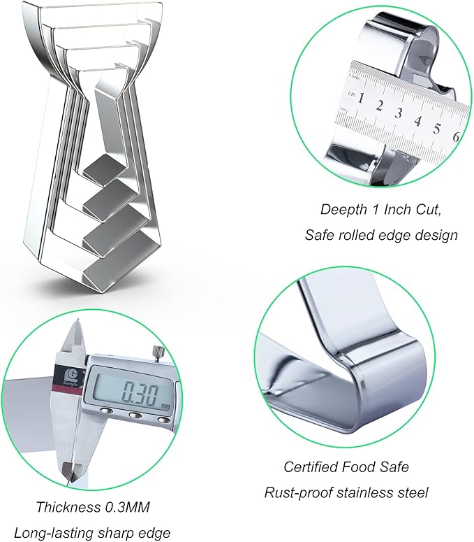 Neck Tie Cookie Cutter Set Large Assorted Sizes - 5 Inch, 4 Inch, 3 Inch, 2 Inch - 4 Piece Neck Tie Cookie Cutters Shapes for Men Father's Day - Stainelss Steel