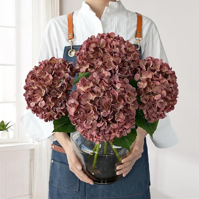 JINWOE Dark Coffee Silk Hydrangea Artificial Flowers, 4Pcs 22Inch Full Fake Artificial Hydrangeas with Stems for Bouquet Table Centerpieces Home Decoration Porch Outdoor