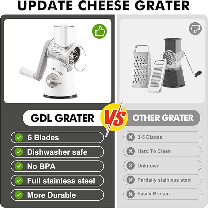 GDL Cheese Grater Hand Crank - Upgraded 6-in-1 Cheese Grater with Handle and Strong Suction Base, Multi-purpose Cheese Shredder Vegetable Slicer Ice Shaver for Potato, Vegetables, Nuts, Chocolate