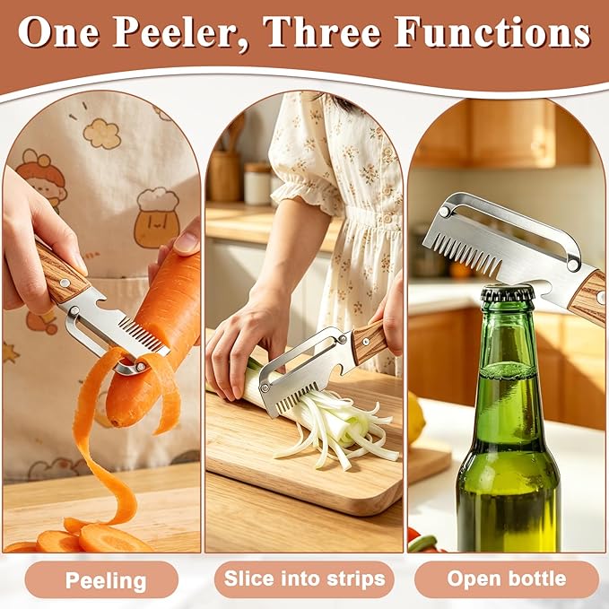 2 Pcs Multi-Functional Vegetable Peeler, Stainless Steel Blade with Wooden Handle, 3-in-1 Fruit Peeler with Bottle Opener and Grater, Kitchen Tool for Apple Potato Pumpkin Fruit Veggie