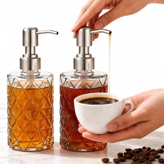 Coffee Syrup Dispenser with Pump, 2 Pack 12oz Glass Syrup Bottles with Silver Stainless Steel Pumps, Refillable Syrup Dispensers for Coffee Bar, Honey, Maple Syrup and Drink Flavoring