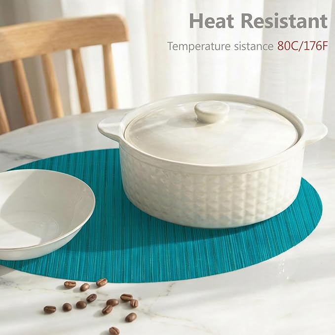 AHHFSMEI Oval Placemats Set of 6 Woven Vinyl Non-Slip Heat Resistant Stain Resistant Easy Clean Place mats for Dining Table(Turquoise)