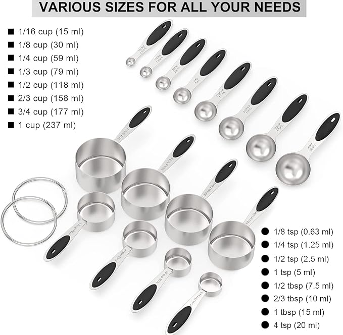 Measuring Cups & Spoons Set of 16, Wildone Stainless Steel Measuring Cups and Measuring Spoons with Black Silicone Handle, Including 8 Nesting Cups, 8 Spoons, for Dry and Liquid Ingredient