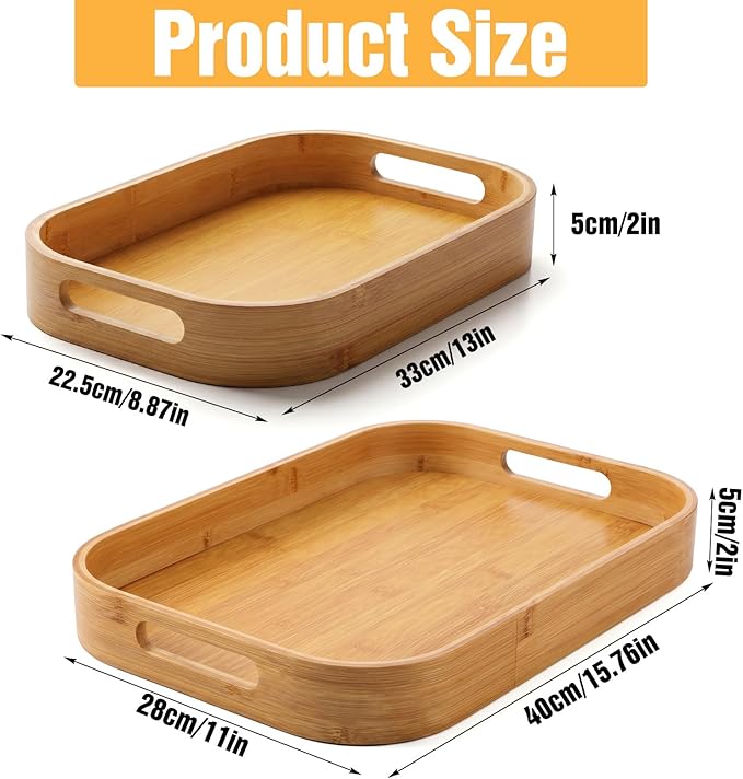 2-Pack Bamboo Serving Trays with Handles (16" & 13") – Large Solid Wood Breakfast Tray for Bed, Food Serving Platter for Coffee, Tea, Dinner, Party, Decorative Tray for Kitchen Counter & Living Room