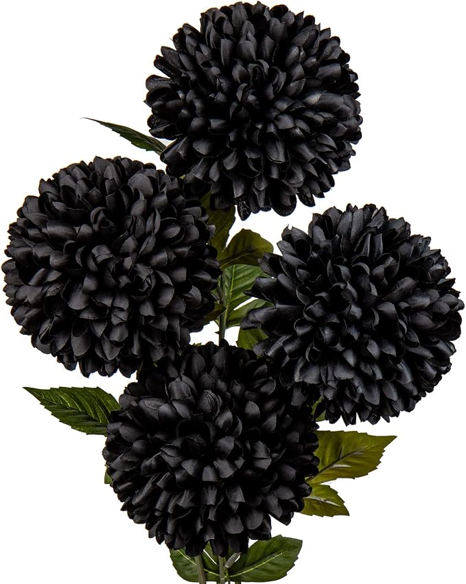 Briful Autumn Artificial Chrysanthemums Ball Flowers 6’’ Large Heads Mums Stems Black Fake Hydrangea Flowers Bouquet for Home Halloween Wedding Fall Decorations, Set of 4