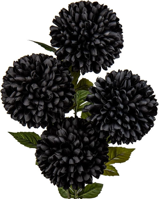 Briful Autumn Artificial Chrysanthemums Ball Flowers 6’’ Large Heads Mums Stems Black Fake Hydrangea Flowers Bouquet for Home Halloween Wedding Fall Decorations, Set of 4
