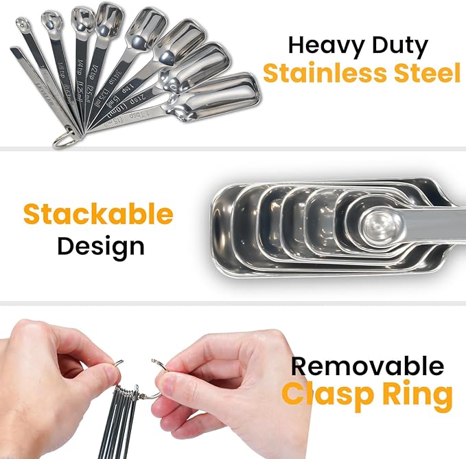 28 Pcs Stainless Steel Measuring Spoons Set with Leveler, Metal Round & Rectangular Spoons plus 2-Pack Mini Spoon Sets for Precise Cooking and Baking, Standard Sizes with Clear Engraved Markings