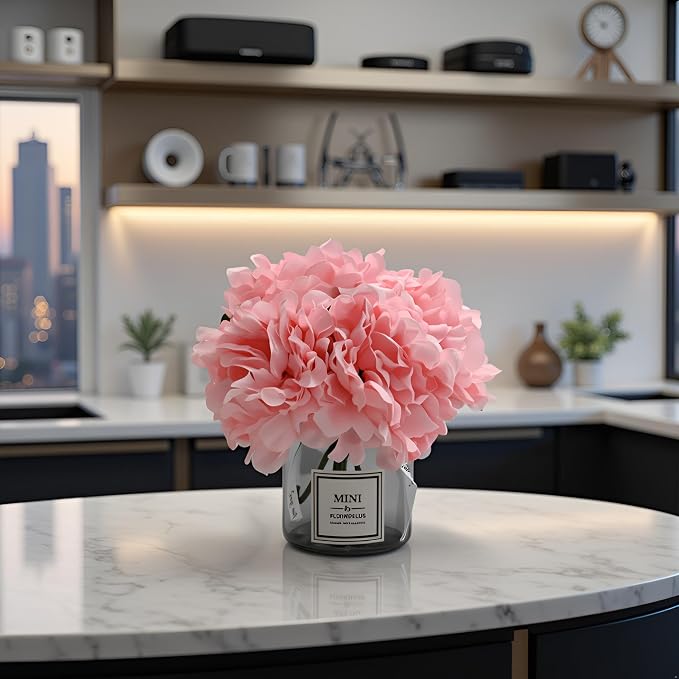 Artificial Pink Peony Flowers in Vase,Wedding Table Centerpiece Home Decor | Realistic Silk Faux Peonies with Small Glass Vase, Fake Flower Table Centerpiece for Bedroom Cafe Wedding Indoor Decoration