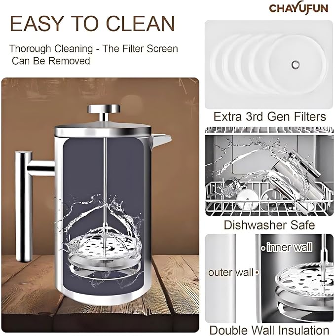 Stainless Steel French Press Coffee Maker, 34oz/1L, 5 Pack Filter | 304 Rust-Proof Metal Press, Thermal Insulated, Heat-Resistant Ergonomic Handle, BPA Free, Dishwasher Safe