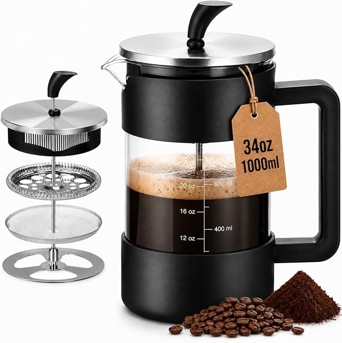 Glass French Press 34oz, Plastic-Free Carafe with Insulated Shell | Easy-Read Measurements, No-Drip Spout, Ergonomic Handle, Brews Hot Coffee, Tea & Cold Brew