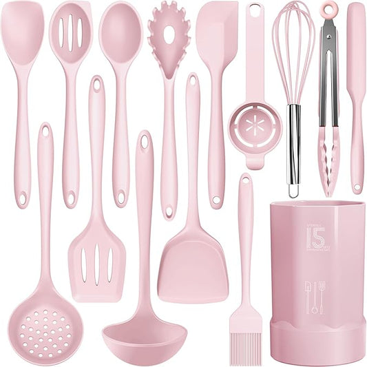AOTHOD Silicone Cooking Utensils Set - 446°F Heat Resistant Kitchen Utensils, Spatula,Turner Tongs,Spoon,Whisk,Kitchen Utensil Gadgets Tools Set for Nonstick Cookware,Dishwasher Safe BPA Free(Pink)