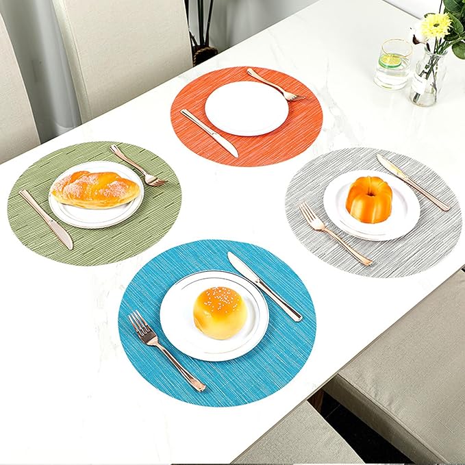 Round Placemats Set of 6 Woven Table Mats Washable Non-Slip Place Mats 13.8 Inch for Christmas Decoration Home Wedding Party,Silver Gray