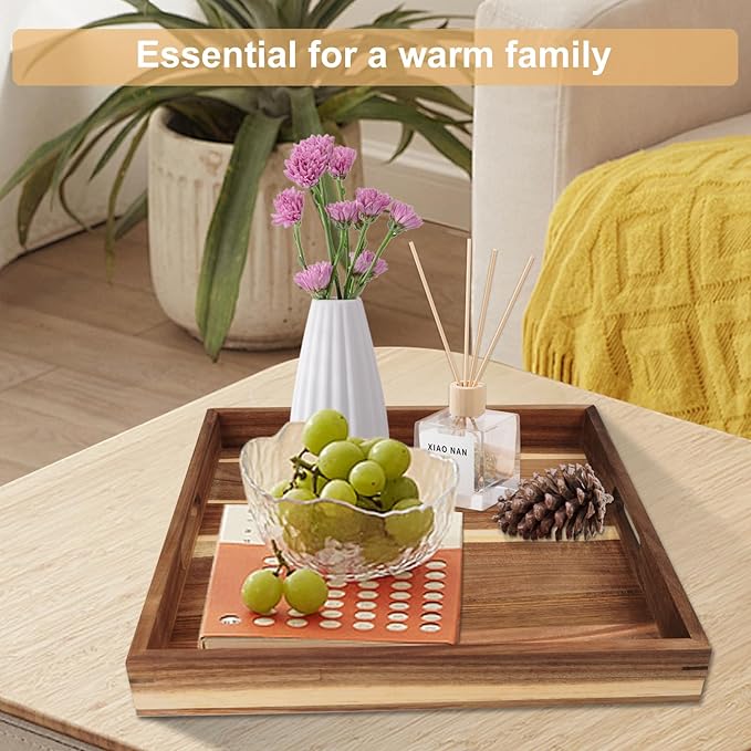 24'' Extra Large Square Wood Tray - Acacia Wood Ottoman Tray with Handles, Rustic Serving Tray for Living Room, Kitchen and Coffee Table, Wooden Trays for Ottoman,Ottoman Table Topper