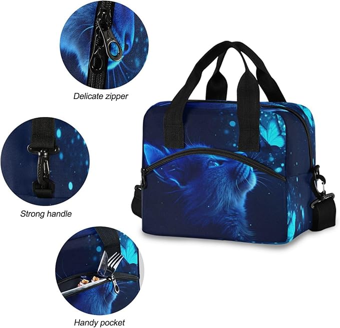 ALAZA Cat and Butterfly with Blue Light Lunch Box for Men Women Adults Insulated Lunch Bag Cooler Bag with Adjustable Shoulder Strap for Work Picnic Travel