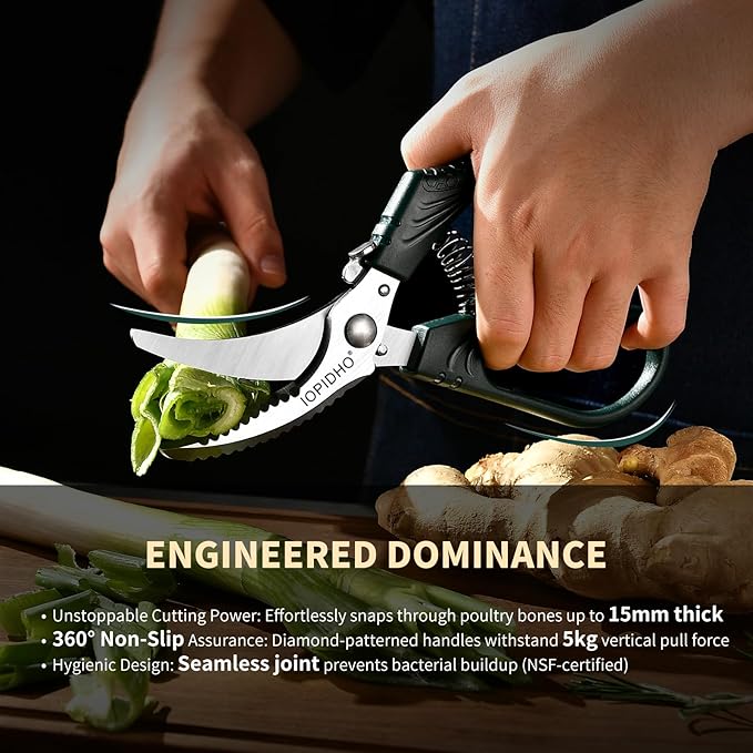 Poultry Shears, Heavy Duty Kitchen Shears | Non-Slip Handle & Safety Lock, All Purpose for Chicken, Meat, Turkey, Fish, Vegetables, Spring Loaded, Dishwasher Safe