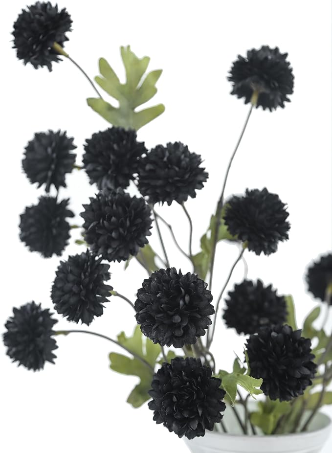 DuHouse 6pcs Black Flowers Faux Silk Pompon Mum,Silk Small Mini Chrysanthemum Ball with Stems for DIY Wedding Bouquets Centerpieces Vase Home Table Halloween Decorations(Black)
