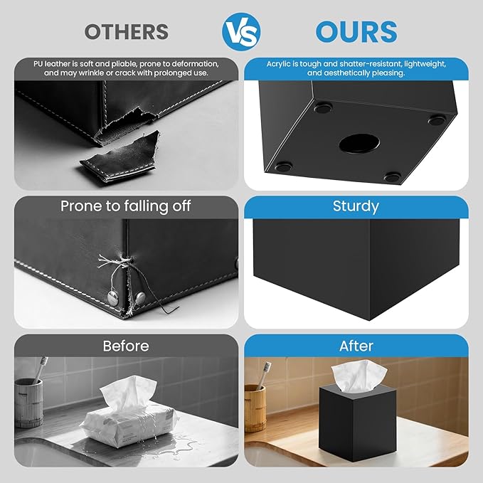 2 Pack Tissue Box Cover Black, Square Acrylic Tissue Holder, Decorative Facial Tissue Box Vessel Cube Paper Organizer Dispenser for Bathroom Office, Night Stand, Desk, Car, Vanity, Countertops