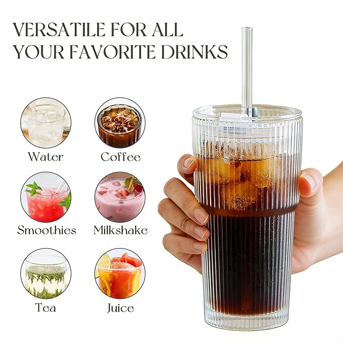 KEMORELA 4-Pack 20 oz Ribbed Glass Tumblers with Lids and Glass Straws – Vintage Iced Coffee Cups, Reusable Smoothie & Cocktail Drinking Glasses, Clear Glassware for Home or Cafe