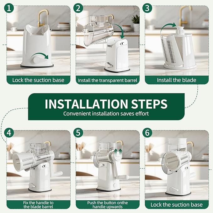 The CoveCarol rotary cheese grater comes with 5 blades and 3 tools: a round mandolin slicer and a food shredder. Suitable for fruits, vegetables, nuts, etc., it includes a blade storage box. (White)