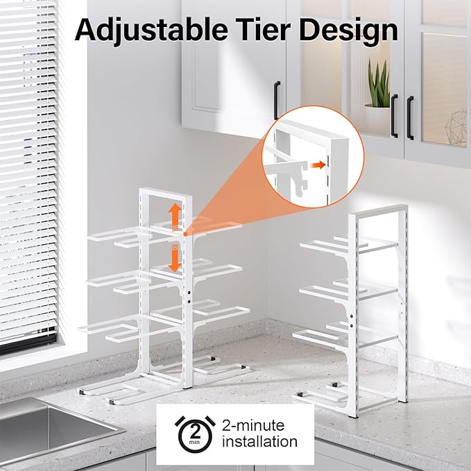 MUDEELA 8-Tier Pots and Pans Organizer under Cabinet, Heavy Duty Adjustable Pot Pan Organizers inside Cabinet, Kitchen Cabinet Organizers and Storage Pot Rack for Big Stockpots, Heavy Cookware, White