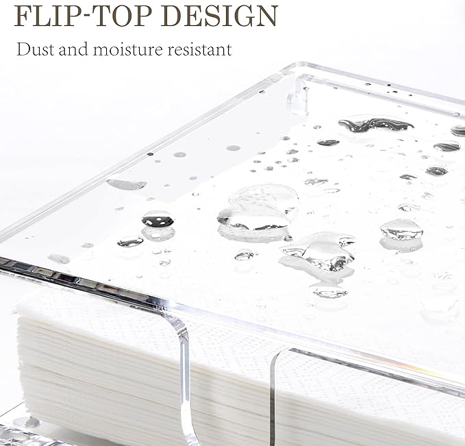 DINGHUO Acrylic Napkin Holder, 7"x 7"x 2.4" Flat Luncheon Napkin Dispenser with Lid, Clear Flip-top Waterproof Paper Napkin Container Organizer for Table, Kitchen, Indoor & Outdoor, Bathroom Vanity
