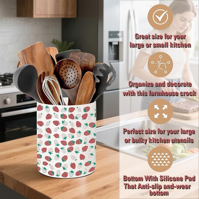 Strawberry Kitchen Decor, Ceramic Utensil Holder Strawberry Decor, 6.5 Inch Farmhouse Indoor Kitchen Decorative Utensil Rack For Spoon Storage And Cooking Tools