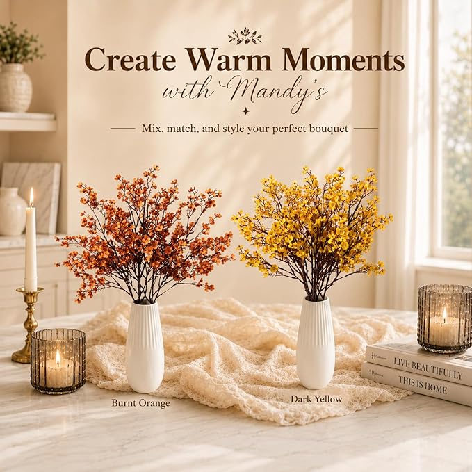 Mandy's Dark Yellow Artificial Baby’s Breath Flowers 6 Bundles Silk Gypsophila, 18.5 Inch European Style Modern Home Decor Centerpiece, Neutral Wedding Flower Arrangements
