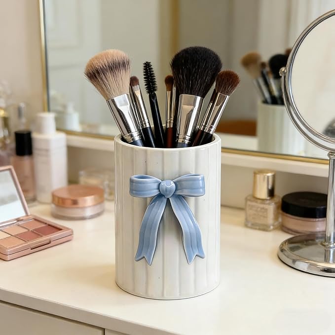 Handmade Blue Bow Ceramic Utensil Holder, 3D Coquette Cooking Utensil Crock for Kitchen Counter, Preppy Storage Caddy Organizer Vase Decor for Kitchen Countertop