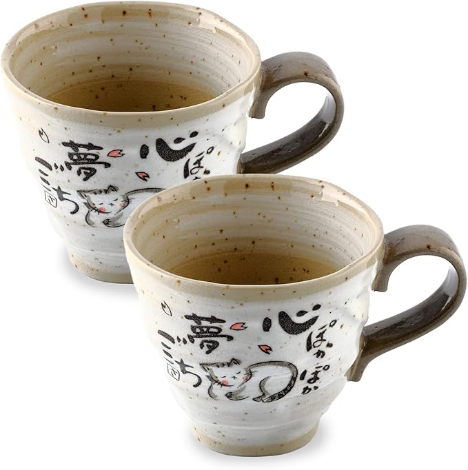 Cat Mug Set of 2, Japanese Handmade Ceramic Coffee Mug, Japanese Tea Cups, 8.8 oz