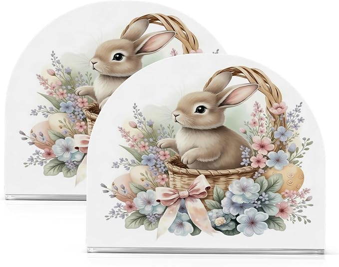 Cute Watercolour Little Rabbit Easter Napkin Holder for Tables Paper Cocktail Napkin Holders for Kitchen Dinning,Acrylic Dinner Napkin Dispenser for Restaurant Home Decor Bar Accessories 2 Pack