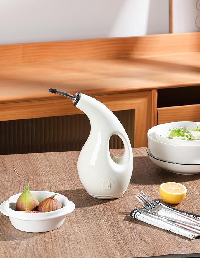 Sweejar Ceramic Olive Oil Dispenser Bottle, 24 Oz Opaque Cruet Protects EVOO Oil to Reduce Oxidation, Suitable for Storage Vinegar, Coffee Syrups, Liquids (Beige)