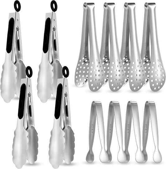 CHENGU12 Pack Stainless Steel Tongs 4/5/7inches Food Serving Clip Kitchen Cooking Tongs High Heat Resistant Clips for Cooking Non Stick Locking Grip for Ribs, Steak and Grill Salad