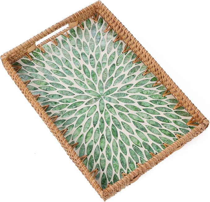 Rectangle Rattan Tray with Mother of Pearl Inlay, Rattan Serving Tray with Handle for Coffee, Bread, Fruits, Snacks, Decorative Wicker Tray for Table Decor (Rectangle Green Leaf, 13"×9")