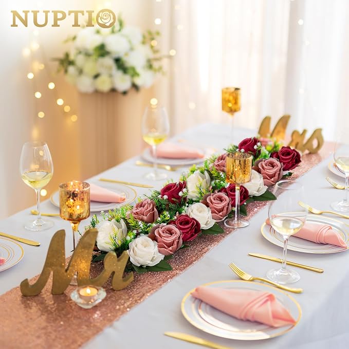 NUPTIO Artificial Flower Centerpieces for Tables - 6 Pcs Burgundy & Dusty Rose & Creamy White Flowers 19.6in Long Fake Roses Arrangements - Faux Floral Arrangement for Wedding Centerpiece