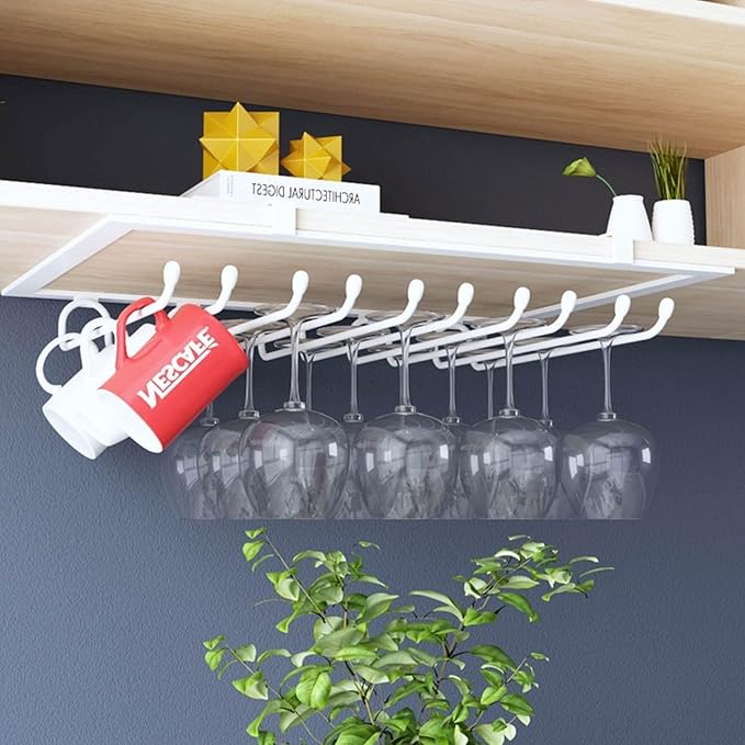 Glass Stemware Wine Rack, Hanging Wine Storage Holder for Under Cabinet Kitchen Bar Display Shelf with Glass Cup Champagne Organizer (Size : White)