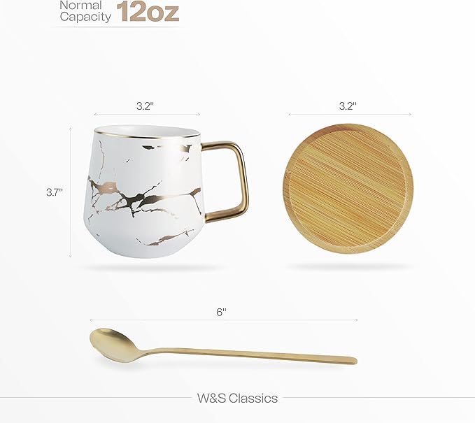 Classic Ceramic Kintsugi Style White Coffee Tea Mug with Gold Inlay, Spoon and Bamboo Lid- 12 OZ, Large Mugs for Men and Women, Unique Design, Perfect Novelty Gift- Dishwasher Safe