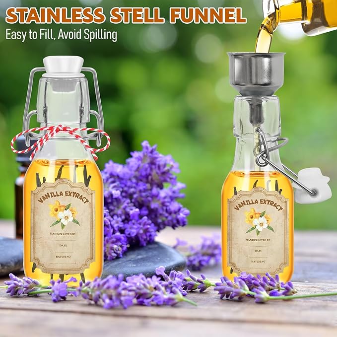 20 Pack Swing Top Glass Vanilla Extract Bottles 4 oz with Lids, Vanilla Extract Labels and Funnel, Glass Boston Vanilla Bottles for Syrup Gift, Flip Top Glass Bottles Jars for Vanilla Extract