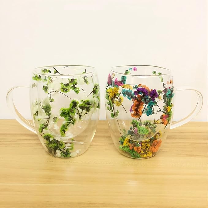 Double Walled Glass Coffee Mugs Flower Glass Coffee Mug With Handle Decorative 10 oz Clear Cappuccino Mug For Hot Cold Tea Milk Latte Wine Beverage Mother’s Day Birthday Christmas Gifts