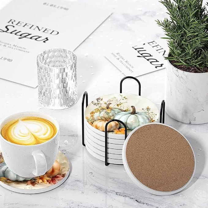 Drink Coasters for Drinks Set of 6, Vintage Autumn Watercolor Pumpkins Absorbent Round Ceramic Stone Mat, with Cork Base and Metal Holder, Home Bar Decor House Warming Gift