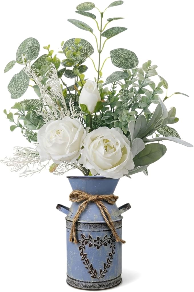 Faux Flowers in Vase 17.5" H Artificial Silk Roses Flower Fake Plants Eucalyptus Arrangement in Metal Vase Faux Silk Floral for Dining Table Centerpieces Home Office Decoration (White/Blue Vase)