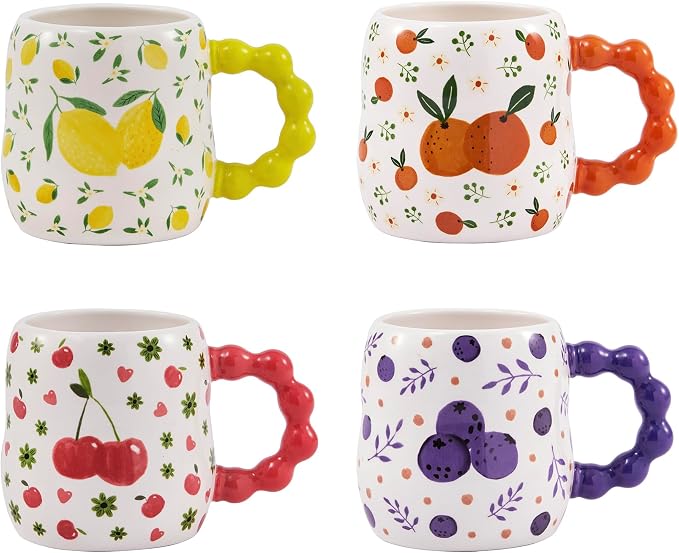Bico Cartoon Fruit Pop Ceramic Mugs, Set of 4, for Coffee, Tea, Drinks, Microwave & Dishwasher Safe
